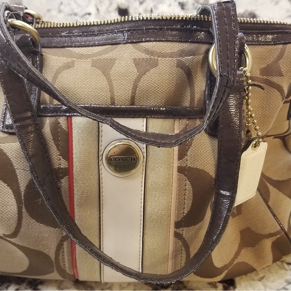 SIGNATURE STRIPE MULTI STRIPE SATCHEL (COACH F25526)BRASS/KHAKI/VERMILLION MTI - Picture 1 of 6